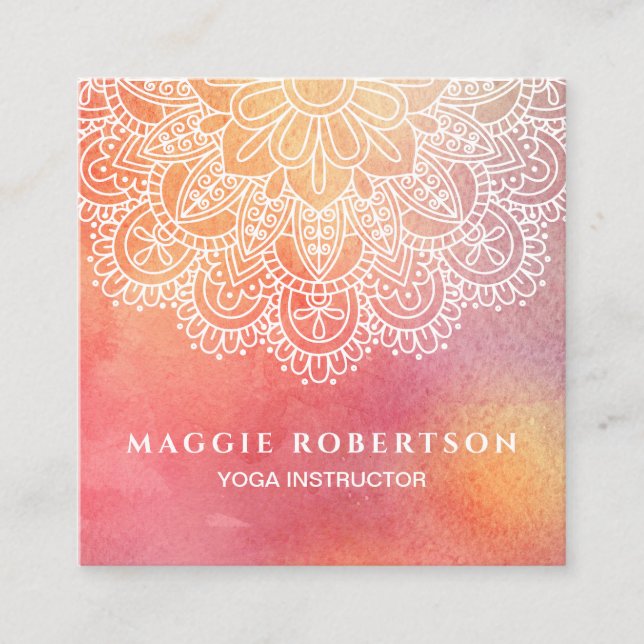 Carte De Visite Carré Mandala d'aquarelle de rose d'instructeur de yoga (Devant)