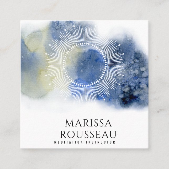 Carte De Visite Carré Mandala Ethereal Celestial bleu Abstrait blanc (Devant)