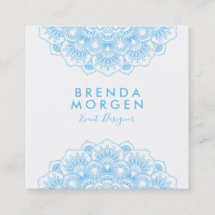 Carte De Visite Carré Mandala floral bleu clair et blanc