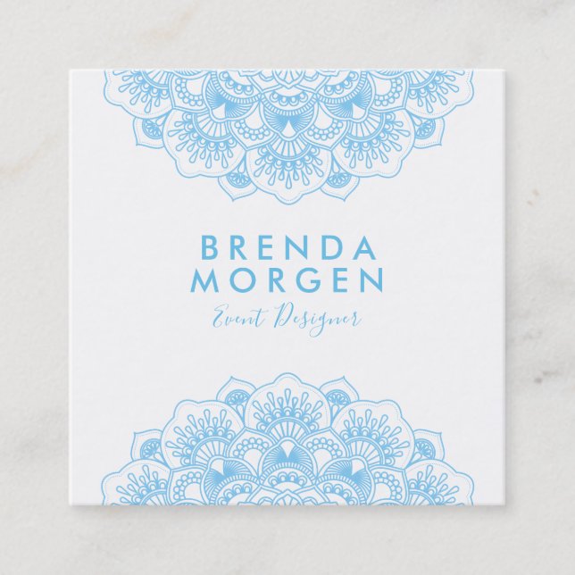 Carte De Visite Carré Mandala floral bleu clair et blanc (Devant)