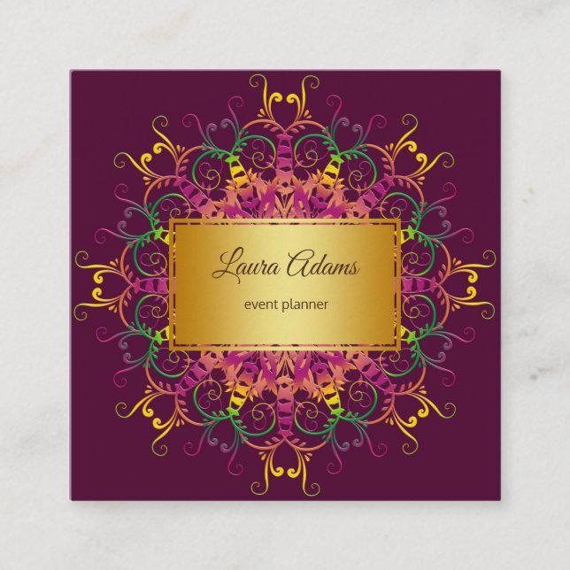 Carte De Visite Carré Mandala floral ethnique. Cadre d'or (Devant)