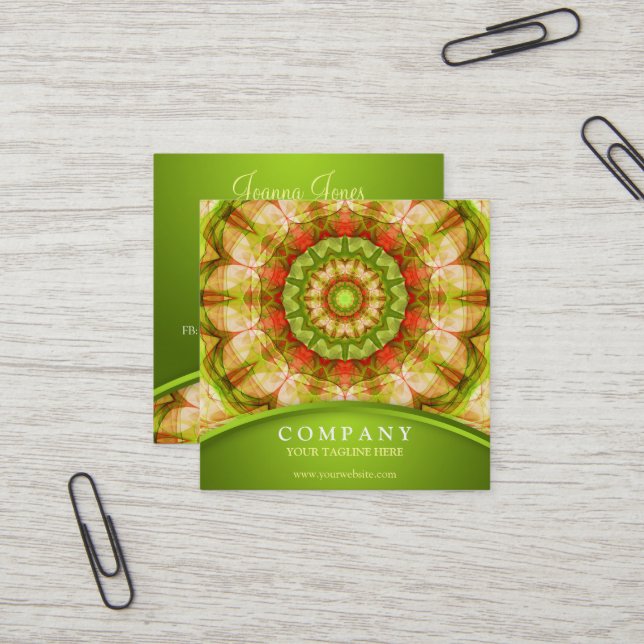 Carte De Visite Carré Mandala rouge et vert de pommes (Devant/Arrière en situation)