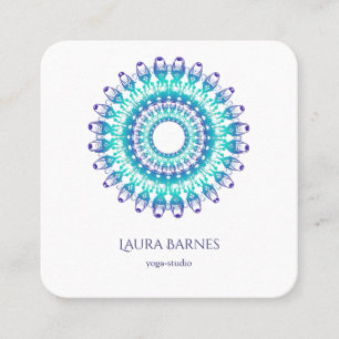 Carte De Visite Carré mandala turquoise ethnique. Texte