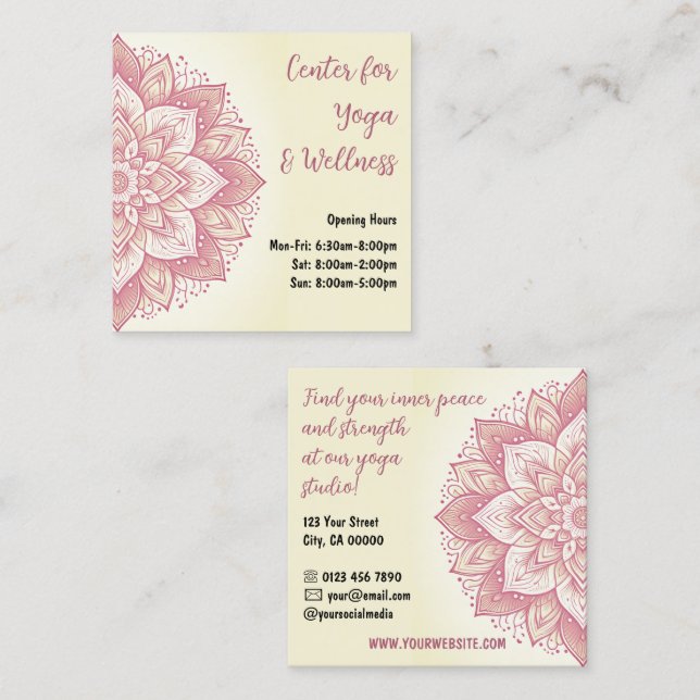 Carte De Visite Carré Mandala Yoga Studio Light Yellow Pastel Rose rose  (Devant / Derrière)