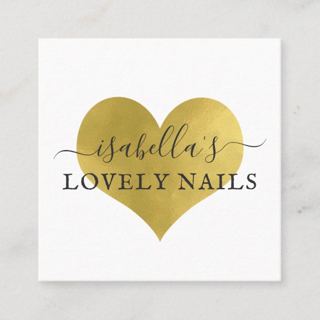 Carte De Visite Carré Manicuriste Nail Salon Gold Foil Coeur Script (Devant)