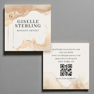 Carte De Visite Carré Maquillage Artiste Aquarelle QR Code Beige Gold Fo
