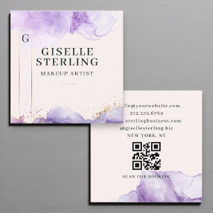 Carte De Visite Carré Maquillage Artiste Aquarelle violet Code QR