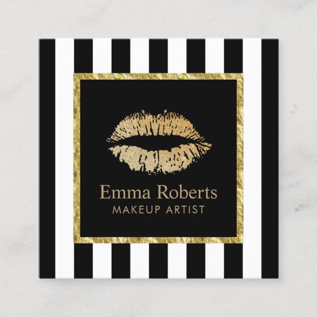 Carte De Visite Carré Maquillage Artiste Gold Lips Salon Moderne Stripes (Devant)