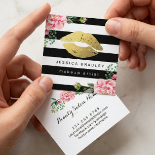 Carte De Visite Carré Maquillage Artiste Lièvres Or Floral Noir Blancs