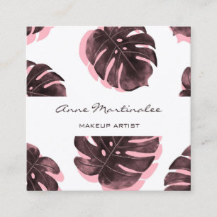 Carte De Visite Carré Maquillage Artiste Pink et Noir Feuille Monstera