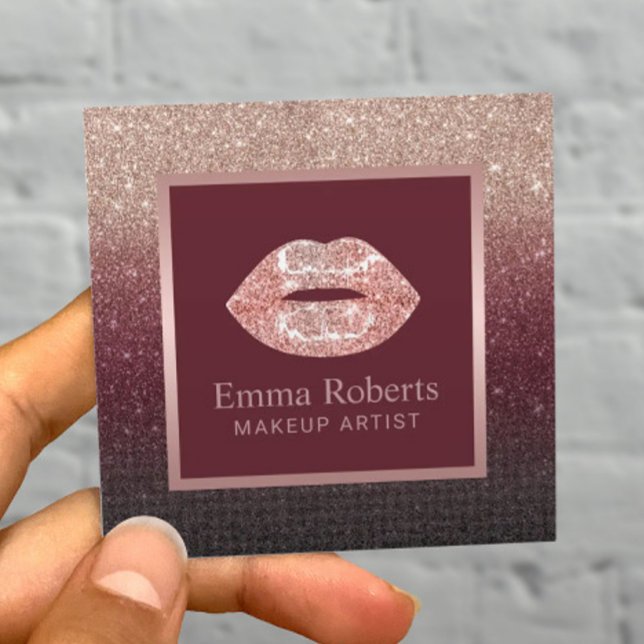 Carte De Visite Carré Maquillage Artiste Rose Lips or Bourgogne Parties  (Créateur téléchargé)