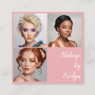 Carte De Visite Carré Maquillage Code QR 3 Photos Écriture Rose Blush Bl