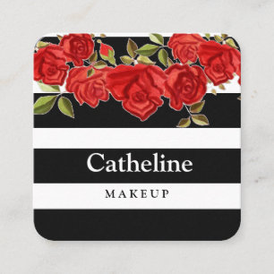 Carte De Visite Carré Maquillage élégant rouge floral noir rayures blanc