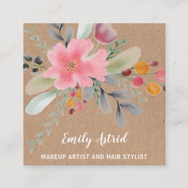 Carte De Visite Carré Maquillage floral de l'aquarelle de cheveux script (Devant)