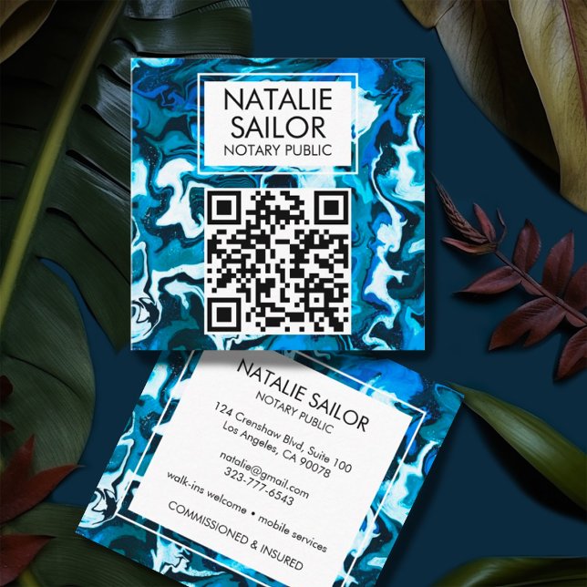 Carte De Visite Carré Marbre bleu unique QR CODE moderne Notaire public (Blue marble square business cards with customizable QR code)