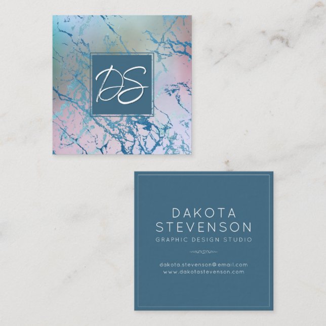 Carte De Visite Carré Marbre Iridescente | Monogramme tendance Faux Holo (Devant / Derrière)