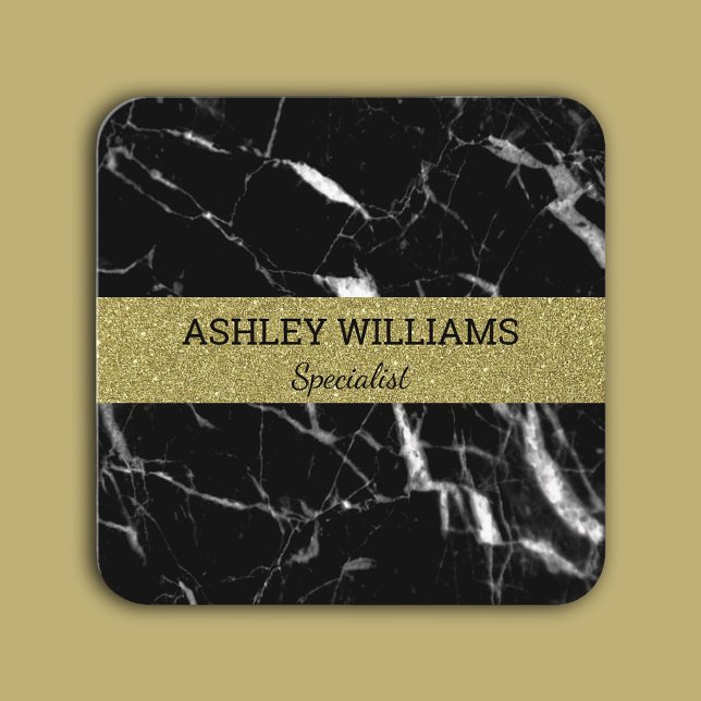 Carte De Visite Carré Marbre noir et or élégant (Elegant black marble and gold square business card)