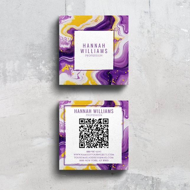 Carte De Visite Carré Marbre violet jaune Agate QR Code Carré liquide (Créateur téléchargé)