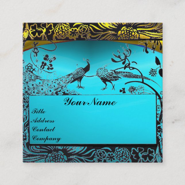 Carte De Visite Carré MARIAGE OISEAUX DE L'AMOUR MONOGRAMME Or Turquoise (Devant)