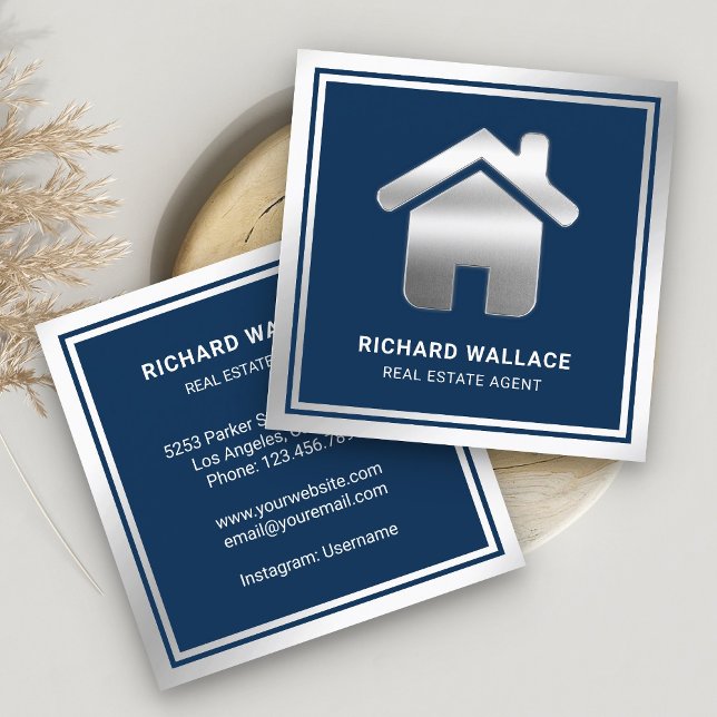 Carte De Visite Carré Marine Blue Silver Foil Home Logo Agent immobilier (Créateur téléchargé)