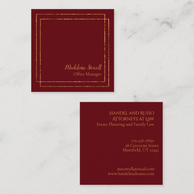 Carte De Visite Carré Maroon Rouge Et Or Moderne Minimaliste (Devant / Derrière)