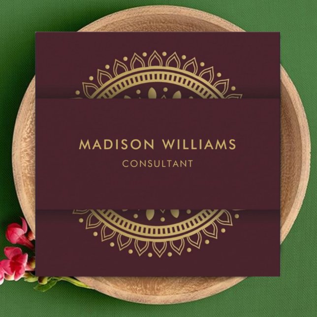 Carte De Visite Carré Maroon rouge violet Mandala Professionnel (Custom Red Maroon Purple Gold Mandala Professional Square Business Card)