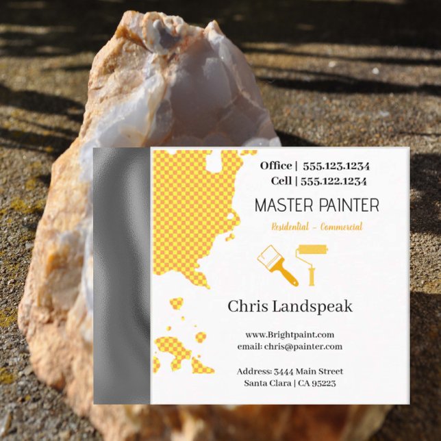 Carte De Visite Carré Masterpainter & motif en damier jaune orange (Master Painter Business card)