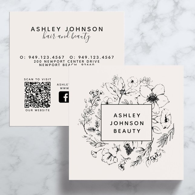 Carte De Visite Carré Médias sociaux modernes QR Code Botanique Blush Bl (QR Code Social Media Business Card)