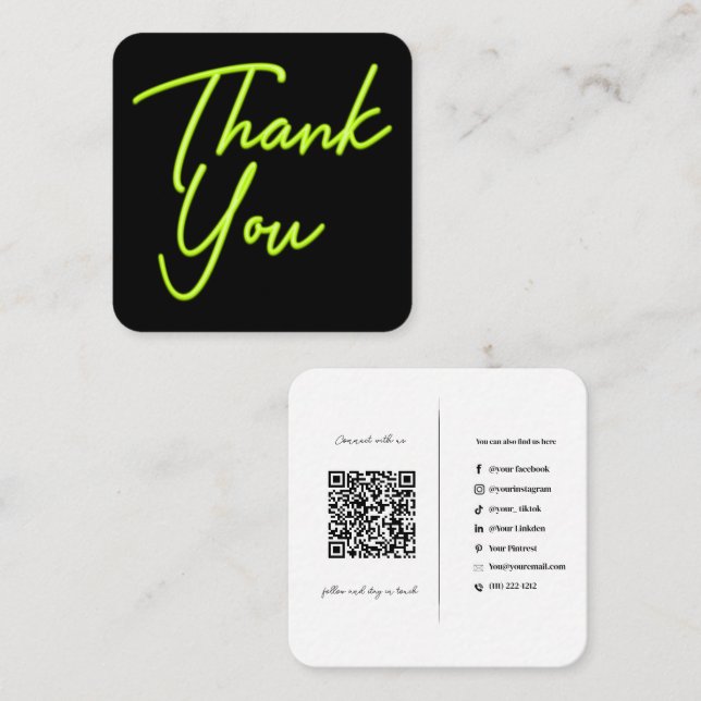 Carte De Visite Carré Médias sociaux QR Code Business Neon Green Merci (Devant / Derrière)
