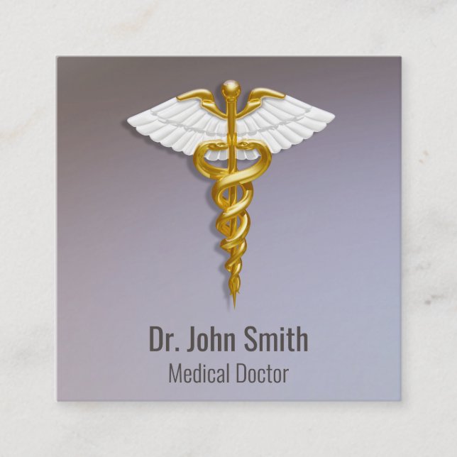 Carte De Visite Carré Médicale Elegant Gold Caduceus ailes blanches (Devant)