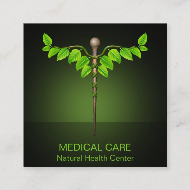 Carte De Visite Carré Médicale holistique alternatif Caduceus Feuilles v (Devant)