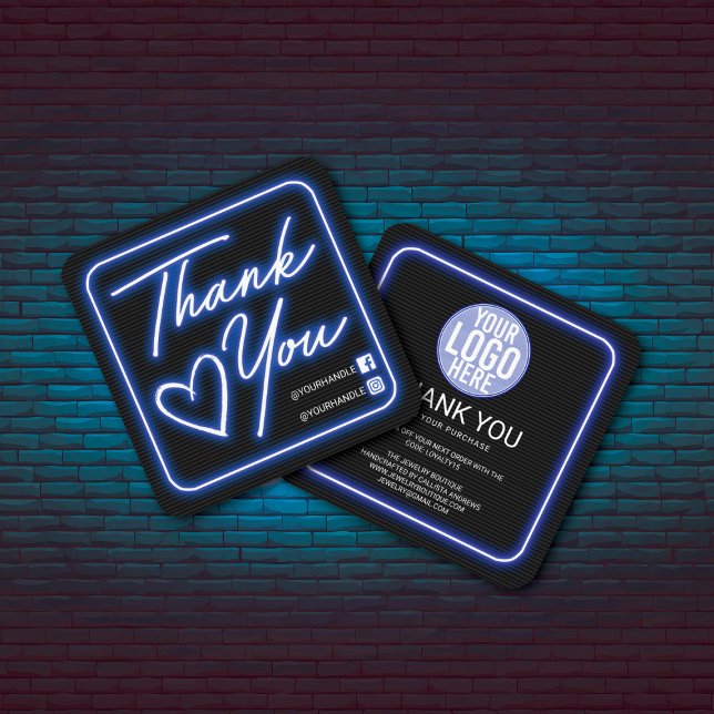 Carte De Visite Carré Merci client Retro Neon Bleu Signal lumineux (Créateur téléchargé)
