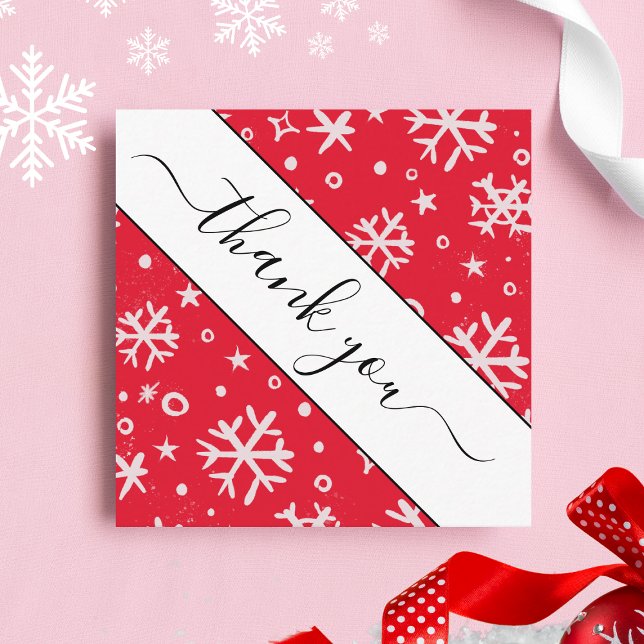 Carte De Visite Carré Merci de Noël Motif de flocon de neige tiré rouge (Créateur téléchargé)