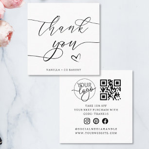 Carte De Visite Carré Merci Script Heart Bakery Company Logo QR Code