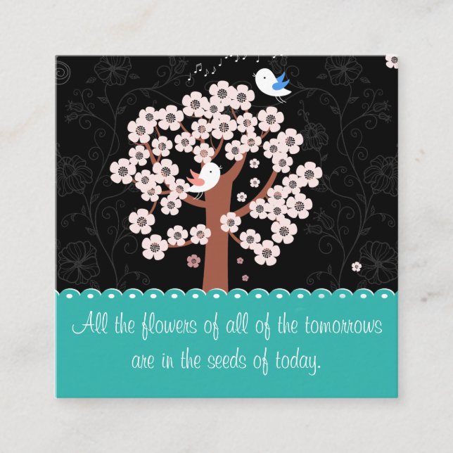 Carte De Visite Carré Message encourageant avec les oiseaux et le jardin (Devant)