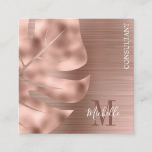 Carte De Visite Carré Métal brossé Monogramme Rose Gold Palm Leaf