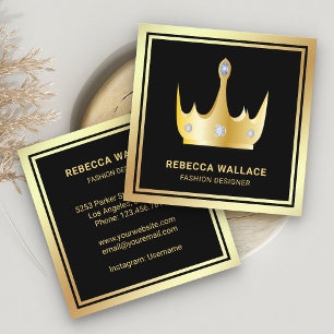 Carte De Visite Carré Métallurgique Luxueux Black Faux Gold Foil Crown