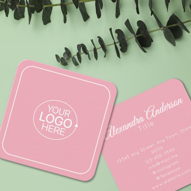 Carte De Visite Carré Minimal Ajoutez Votre Logo Blush Pink Calligraphy (Minimal Add Your Logo Blush Pink Calligraphy Square Business Card )