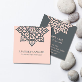 Carte De Visite Carré Minimaliste Boho rose Gris Mandala Yoga spirituel