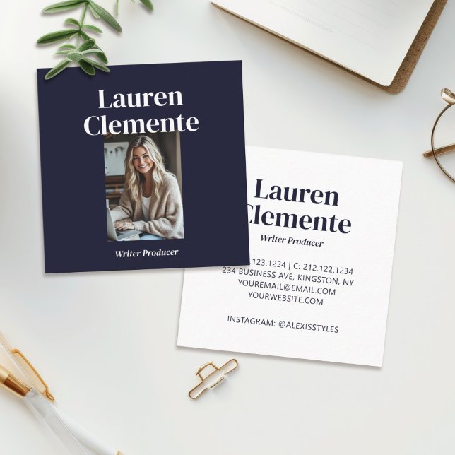 Carte De Visite Carré Minimaliste Crisp Simple Photo Elégant Dark Navy (Créateur téléchargé)