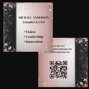 Carte De Visite Carré Minimaliste Luxe Rose Paillettes Argent Floral Mod