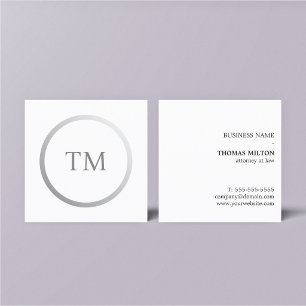 Carte De Visite Carré Minimaliste Propre Faux Monogramme Argent Avocat