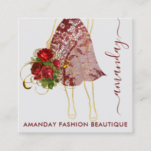 Carte De Visite Carré Mode or rouge vêtement logo QRCode Floral