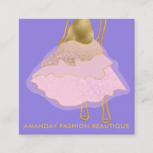 Carte De Visite Carré Mode Robe Rose or Logo Styliste QR Violet
