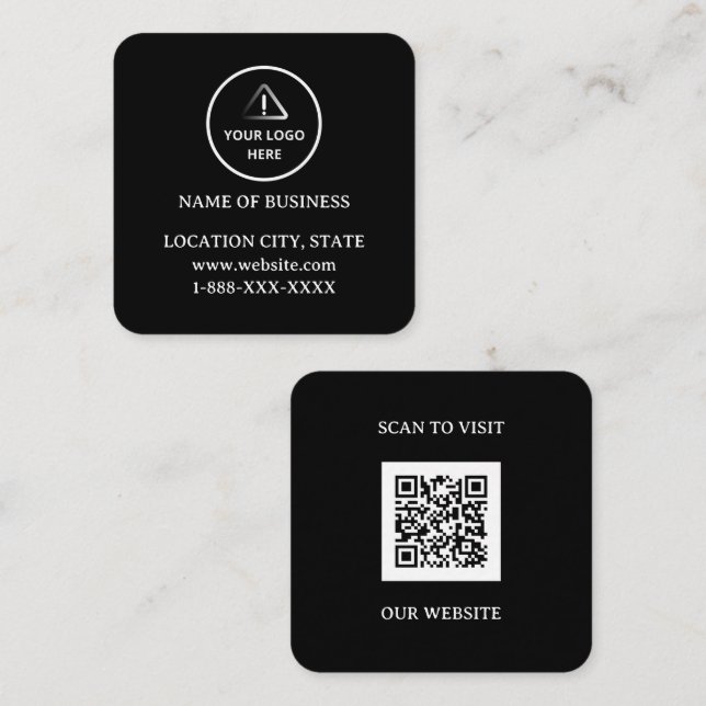 Carte De Visite Carré Modern Black Custom Logo and QR Code  (Devant / Derrière)