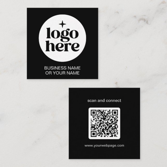 Carte De Visite Carré Modern Black Minimal QR Code Logo (Devant / Derrière)