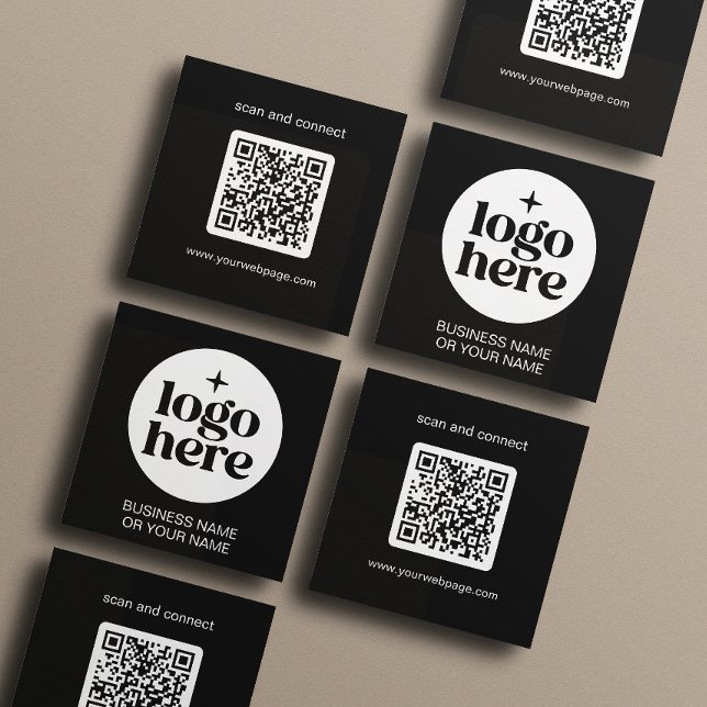 Carte De Visite Carré Modern Black Minimal QR Code Logo (Front and back of 2.5 inch square business card. Choose a corner and paper style.)