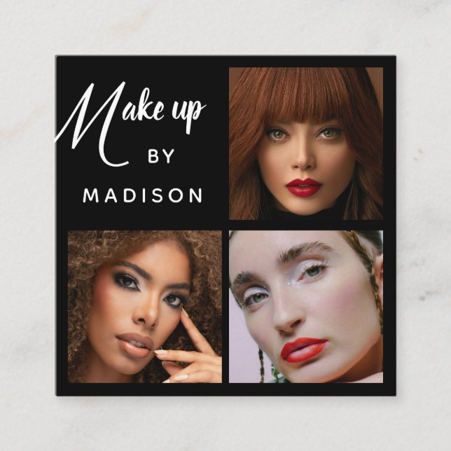 Carte De Visite Carré Modern Bold White Script 3 Photo Makeup (Devant)