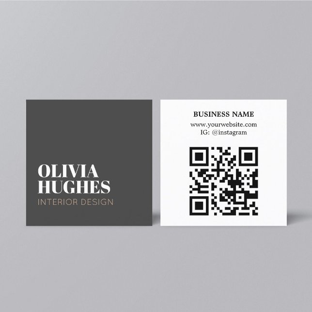 Carte De Visite Carré Modern Chic Dark Grey White Brown QR code (Créateur téléchargé)