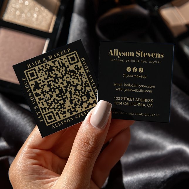 Carte De Visite Carré Modern Gold Black Bold QR Code Hair & Makeup (Modern Gold Black Bold QR Code Hair & Makeup Square Business Card)